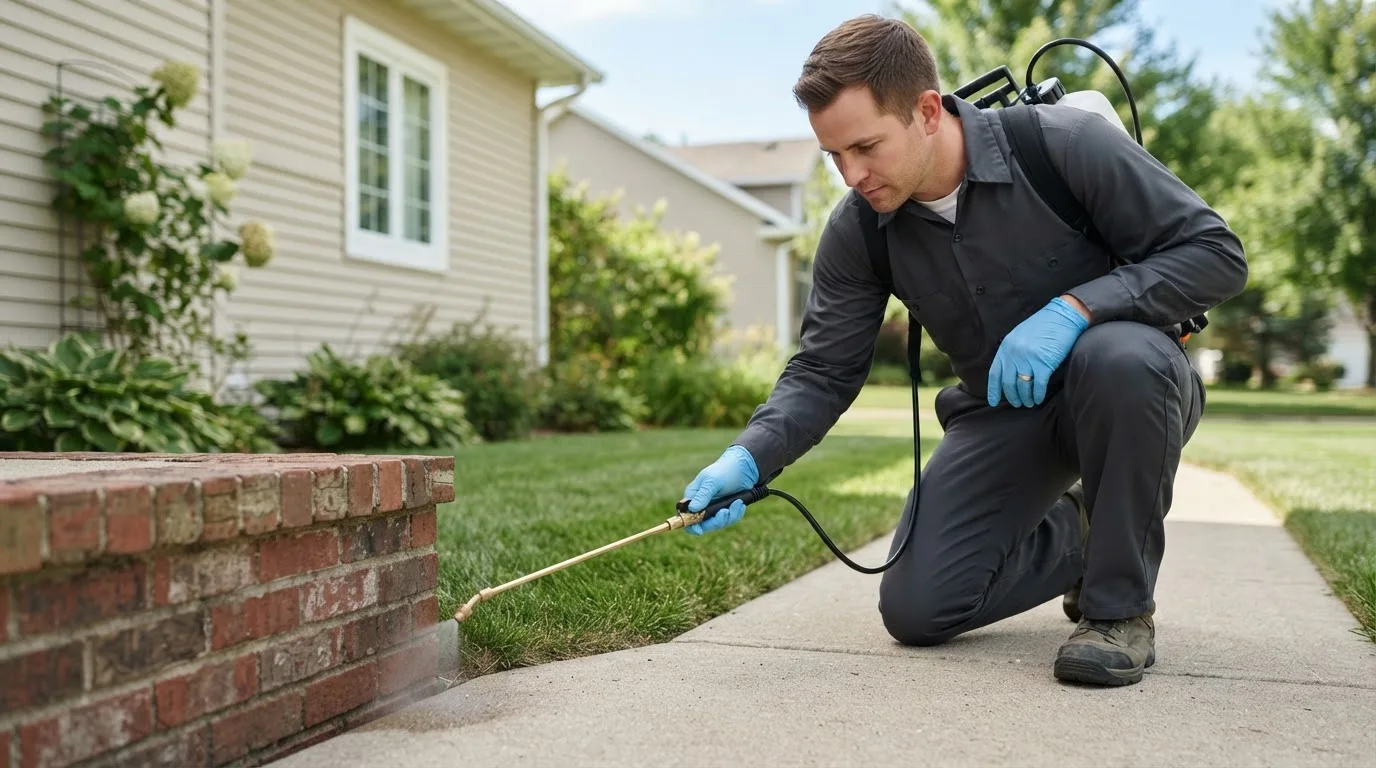 Pest control technician treating a home near Harlingen, TX