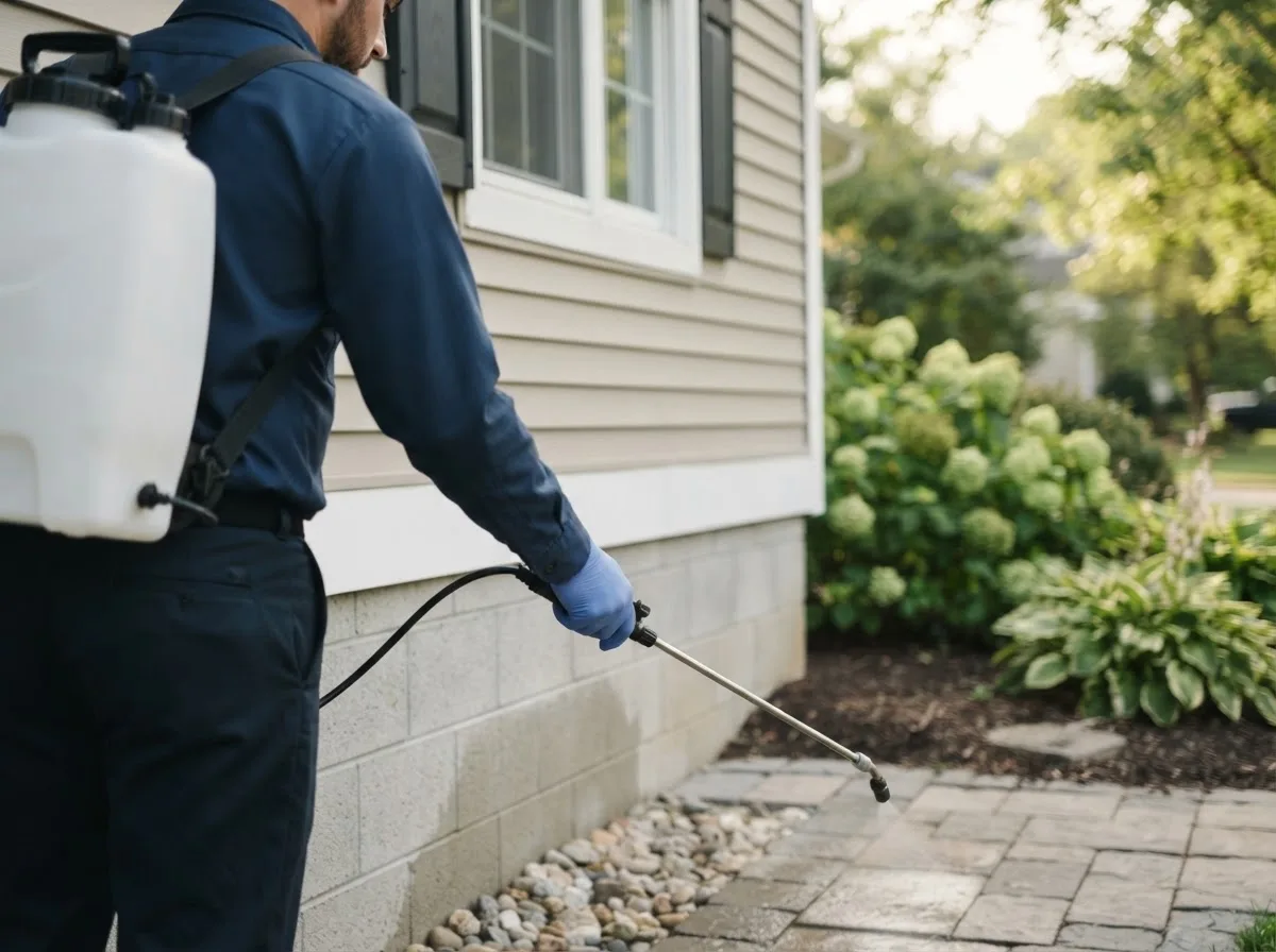 Pest control technician inspecting a home in Harlingen, TX